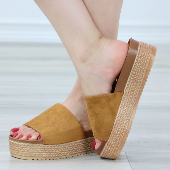 faux Suede Tan Comfort Platform Sandal Slip On Sliders - Picture 2 of 12
